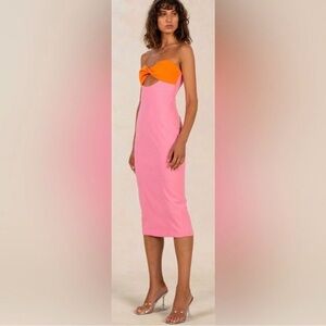 Misha Bold Strapless Pink Midi Dress with Orange Twist Bodice